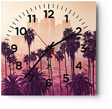 Modern Wanduhr Elche Angeles Palmen 40x40cm Quadrat Groß Wand Uhr Glas Analog Zimmeruhren Küche Büro Wohnzimmer Glasuhr Wall Clock Dekoration Design Wanddekoration Küchenuhr C4AC40x40-4285