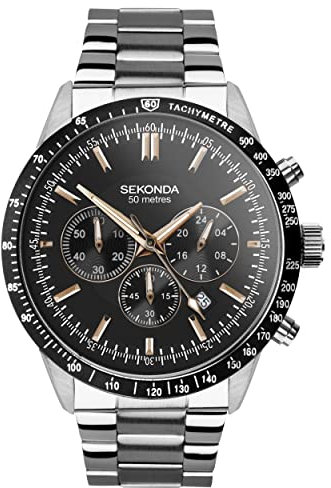 Sekonda Velocity Herren-Sportuhr, 45 mm, rundes Edelstahlgehäuse, wasserdicht, 50 m, schwarz / silberfarben, Stainless Steel, Sportlich