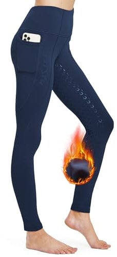 FitsT4 Sports Damen Winterreitleggings Silikon Vollbesatzreithose mit Fleecefutter mit Handytasche und Gürtelschlaufen,Dunkelblau,M