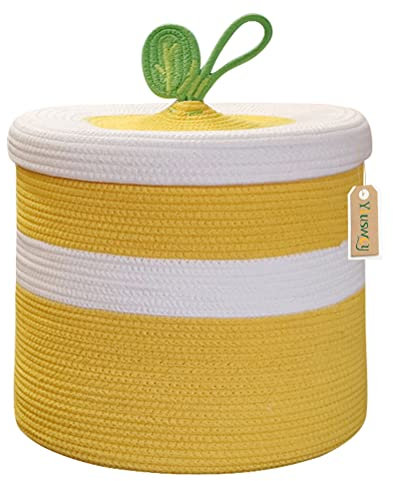 Yiuswoy Panier à Linge Tissé en Corde de Coton Panier de Rangement Grand avec Couvercle pour Vêtements, Jouets, Salon, Chambre d'enfant, 30x30 cm, Jaune