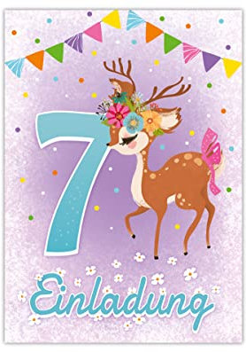 Junapack 12 Einladungskarten zum 7. Kindergeburtstag siebte Geburtstag Mädchen Reh