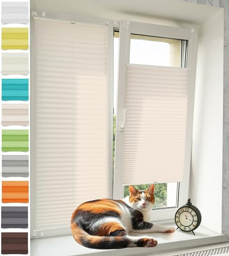 Vkele Plissee ohne Bohren Klemmfix – Faltrollo Jalousie Beige 90x200cm(BxH), Lichtdurchlässig & Blickdicht, Sonnenschutz & Sichtschutz, Easyfix Rollo für Fenster & Tür