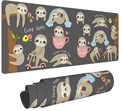 Faultier-Gaming-Mauspad, XXL, großes Mauspad, 80 x 30 cm, erweiterte Schreibtischunterlage, Schutz, niedliche Schreibtischdekoration mit genähten Kanten, rutschfeste Gummiunterseite für Arbeit,