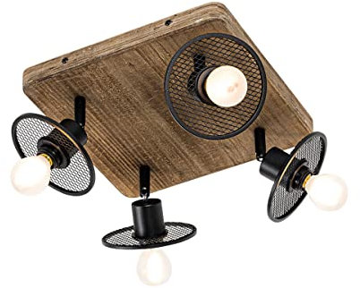 Qazqa - Industrie I Vintage I Industrie I Vintage Ir Deckenstrahler schwarz mit Holz 4-flammig Spotbalken-flammig - Jasmijn I Wohnzimmer I Schlafzimmer - Stahl Quadratisch - LED geeignet E14