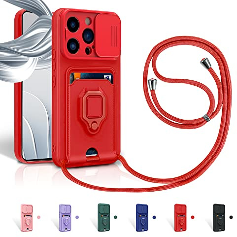 Aithne Funda con Cuerda para iPhone 14 Pro MAX Case con Ranura para Tarjetas,360 Anillo función de Soporte Cubierta -Rojo