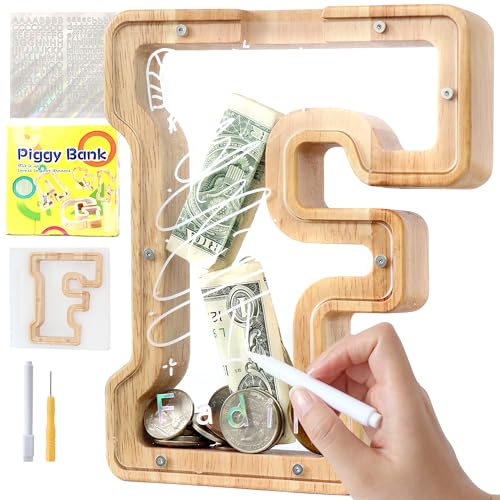 Lakpopya Spardose Kinder Buchstaben aus Holz für A-Z Personalisiert Sparschwein Durchsichtig Alphabet Sparbox, Geschenk Dekoration Taufe für Jungen Mädchen (F)