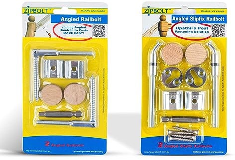 Zipbolt Angled Handrail to Newel Post Connector Combo Pack - Complete Solution for Installing Angled Handrails to Newel Posts - Includes 11.560 Angled Railbolt and 13.960 Angled Slipfix Railbolt