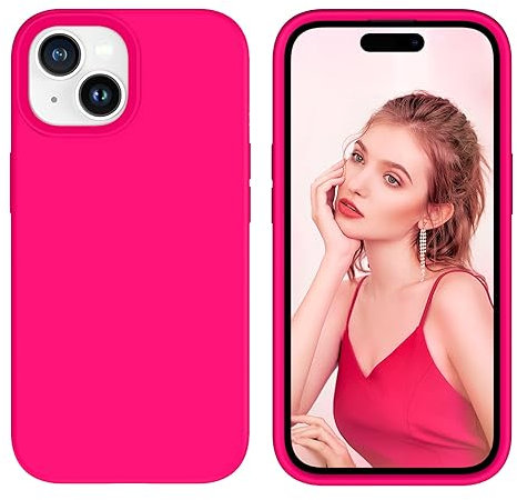 DUEDUE Coque pour iPhone 15 Silicone Fine Rigide Antichoc, Coque de Téléphone pour iPhone 15 Protection Intégrale, Micro Fibre Anti Rayures Etui pour iPhone 15 6,1 Pouces, Rose Fluo