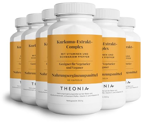 Theonia Kurkuma-Extrakt Complex Vitamin D3 & C, Schwarzer Pfeffer | Unterstützt bei Muskel- und Gelenkentlastung, gesunden Knochen, Stress, DNA-Schutz - 360 Kapseln - 200mg, Vegan