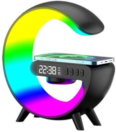 RuiDay G-förmige Lampe, Handy-Ladegerät, kabelloses Lautsprecher-Ladegerät, kabellose LED-Lampe, kabelloses Laden, Lautsprecher, Umgebungslicht mit RGB-Licht, Wecker (schwarz)