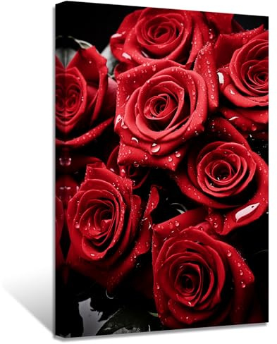 ZXHYWYM Rote Rose Leinwandbilder elegante Rosenblumenmalerei Drucke blühendes Blumenbild romantisches Kunstwerk für Mädchenzimmer Gerahmt (Bild-1, (30.00 x 45.00 cms))
