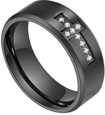 Flongo Herren Kreuz Ring schwarz: Edelstahl Herrenring 8mm Ringe mit Cross Strass Vintage black rings Jesus Gebetsschmuck Punk Christliches Kreuz mit Diamanten Zirkonia Geschenk für Damen Männer 67