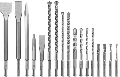 SALI 17tlg. SDS Plus Bohrer Set und Meißel Set Hammerbohrer Betonbohrer mit 4 Hartmetall Spitze Präzises Schnelles Bohren in Beton Zubehör Bohrhammer Steinbohrer für Stahlbeton,Naturstein,Ziegelmauer