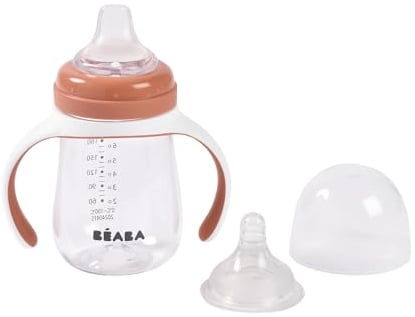 BÉABA, Biberon/Tasse d'apprentissage 2 en 1, Tasse Paille Enfant, 100% étanche, Anti-fuite, Facile à Ouvrir, Poignées amovibles, Tritan et Silicone, 210 ml, Terracotta