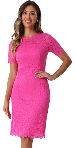 Allegra K Robe en Dentelle Florale Femme Col Rond Manches Courtes pour Invité de Mariage Robes de Soirée Cocktail Élégante Rose Vif M