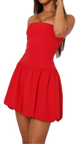 Robe bustier à bulles pour femme - Mini robe d'été courte - Bandeau - Corset - Robe de fête - Épaules dénudées - Dos nu - Patchwork - Robe bouffante, Rouge, M