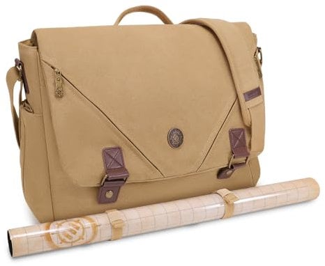 ENHANCE Venture DnD-Tasche – Canvas-Umhängetasche für RPG-Spieler, Dungeons and Dragons, mit Akzenten aus veganem Leder, für 2–4 Bücher, Würfel und Zubehör, mit 17-Zoll-Laptopfach (Khaki)