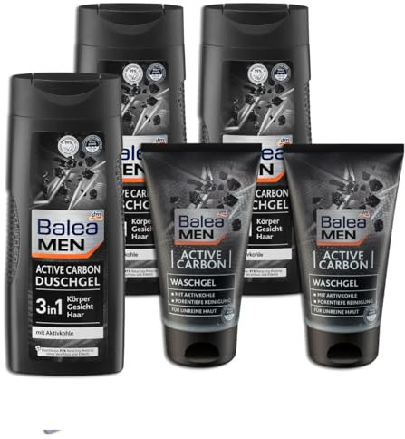 6er Set: Waschgel Active Carbon, 2x150 ml entfernt abgestorbene Hautschuppen, Schmutz und überschüssigen Talg - Duschgel, 3x300 ml - 1 x Duftkerze im Glas