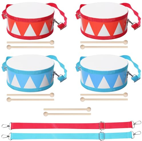 TANEMUDO 4 Pcs Drum Set for Kids 8 Inch Toddler Toy Drum 10 Drumsticks with Adjustable Strap Wooden Drum Educational Musical Instrument Toys Sensory Musical Instrument Drum for Toddler Girls Boys