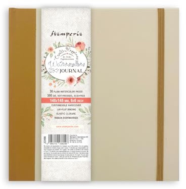 Stamperia - Mixed Media Journal with 36 Plain Watercolour Pages, Hot-Pressed and Acid Free, Lay-Flat Binding, Customisable Hardcover, with Elastic Closure and Ribbon Marker (14.8cm x 14.8cm) (300gr)