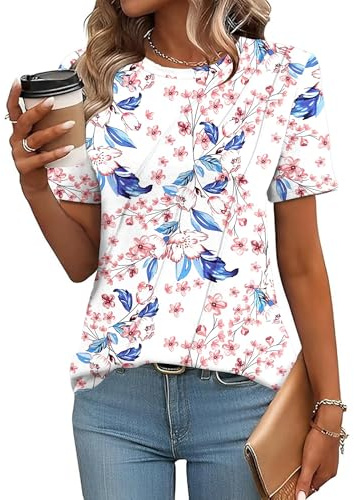EFFAN Womens Summer Cute Pleated Floral Tops Short Sleeve Casual T-Shirts Ladies Dressy Holiday Loose Fit Blouses, White Floral, M