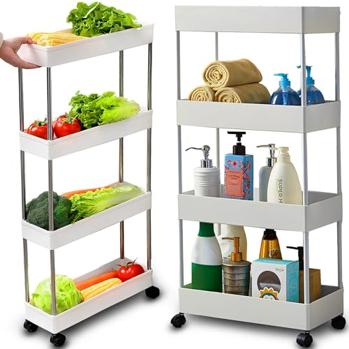 Retoo Rollwagen mit 4 Ebenen, Küchewagen auf Rollen, Nischenregal, Badregal, Aufbewahrungsregal, Regal für Küche, Badezimmer, Schlafzimmer, Büro, Kinderzimmer, 65 x 11,5 x 34,5 cm, Weiß