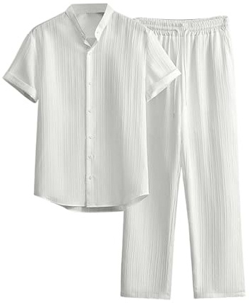GORGLITTER Men's 2 Piece Outfits Textured Button Short Sleeve Shirt Drawstring Waist Loose Pants Set Tracksuits Vacation Outfit