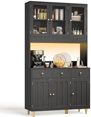Blishom Vaisselier, Armoire de Cuisine Haute avec LED, Buffet avec 6 Portes et 3 Tiroirs,Vaisselier Vitrine avec des Portes d'armoire Transparentes,pour Le Salon et la Cuisine,180×38×180cm, Noir