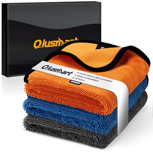 Mikrofasertücher Trockentuch Dusche 3er-Set: Schnelltrocknendes Auto Tuch, Extrem Saugstarke Poliertuch Reinigungstuch, 100% Fussel-frei für Autos, Duschkabine & Haushalt (Orange, Blau, Grau, 40x60cm)