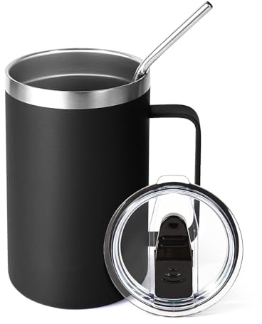 Volhoply 470ml (16oz) Insulated Coffee Mug with Lid and Straw, Stainless Steel Travel Mugs with Handle, Double Wall Vacuum Leak Proof Coffee Tumbler Cup (Black,1)