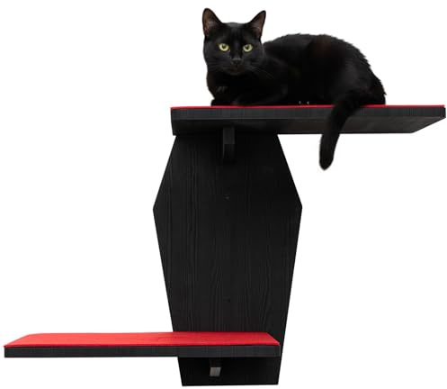 Sintuff Gothic Wall-Mounted Cat Shelves 2 Platform Kitten Wall Furniture Halloween Coffin Cat Tree Floating Shelf Perch Ladder Wall Steps for Climb Play Nap Indoor