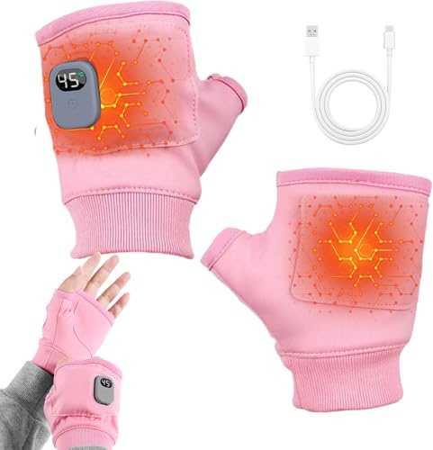 KUWUNG Heated Gloves Fingerless for Men Women, Electric Heated Gloves, Half-Finger, Fast Heating Digital Display Screen 3 Heating Levels 4 Time Settings Winter Cold Weather Rechargeable