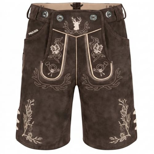 PAULGOS Herren Trachten Lederhose HK3 + Träger, Echtes Leder, Größe 52, Dunkelbraun