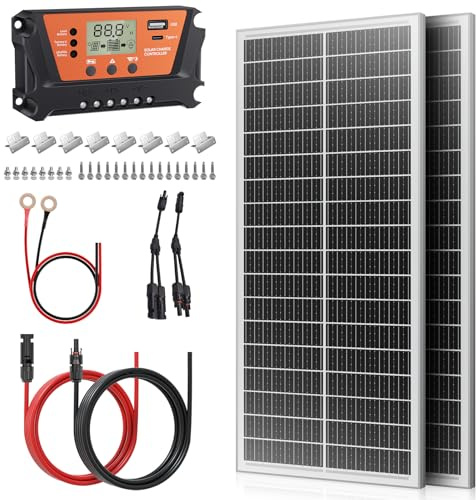 Rvpozwer 2×100w Monocrystalline Solar Panel Kit,200w N-Type Solar Module with 30A Solar Charge Regulator,Solar Cable, Z-Mounting Clamps,for 12 Volt Battery,for Motorhomes, Boats (2×100w kit)