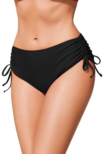Ekouaer Women's Bikini Bottoms Side Drawstrings Swimsuit Bottoms Middle Waisted Adjustable, S-XXL