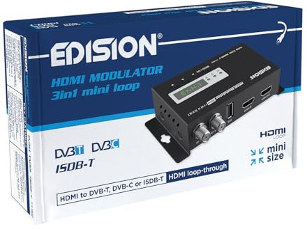 EDISION HDMI Modulator 3in1 mini Loop, HDMI Modulator auf Kabel DVB-C, Terrestrisch DVB-T oder ISDB-T, Full HD Verteilung über Koaxial, hdmi-Out, RF-in, Mini-Größe, LED Display, Plug & Play