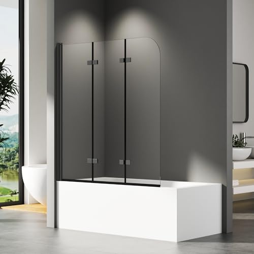 Duschwand für Badewanne 120x140cm 3-teilig faltbar Duschtrennwand Glas Duschabtrennung, badewannenaufsatz 6mm ESG Sicherheitsglas NANO einfach-Reinigung Beschichtung, Schwarzes