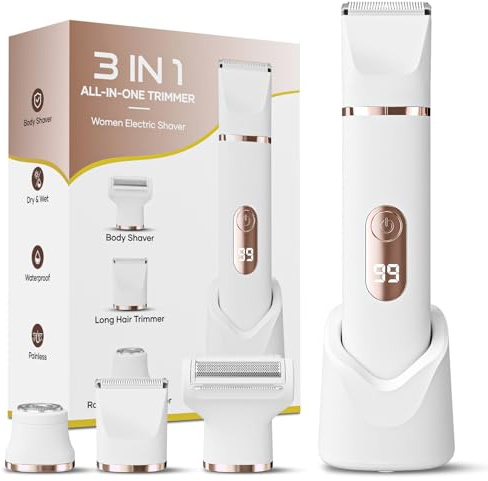 Lady Shavers for Women 3-in-1, Tiovara Painless Electric Razors Shaver IPX7 Waterproof Cordless Body Hair Trimmer Pubic Hair Removal with USB Charge Dock for Underarm Leg Arm Body Face (White)