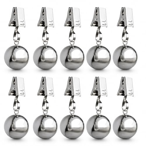 Qnbonrich Tischdecken Klammern, Tischdeckenbeschwerer für Draußen Extra Schwer, 10er Pack Edelstahlkugeln mit Clips, 66g Gewichte für Tischdecke Outdoor, Vorhänge, Fahnen, Picknicktisch