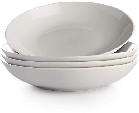 White Pasta Bowls - Set of 4 | Porcelain Serving Dishes | Soup & Cereal Bowl Set | Stackable Bowls | Dishwasher, Oven & Freezer Safe Dinnerware | M&W