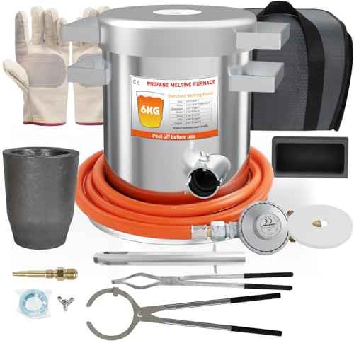ILOKNZI 6kg Propane Melting Furnace Kits, Up to 1400℃, Made of Stainless Steel Barrel, Smelt Metal, with Graphite Crucible, Ingot Mold and High Temperature Gloves