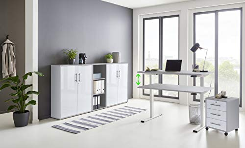 Büromöbel komplett Set mit elektrisch höhenverstellbaren Schreibtisch Arbeitszimmer e-Dition in Lichtgrau/Weiß Matt Gestell Weiß (Set 8)