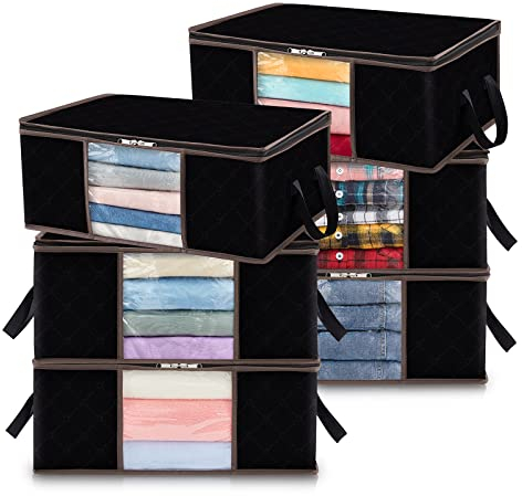 Lifewit 35L Clothes Storage Bag Foldable Storage Boxes with Lids Underbed Wardrobe Storage Organiser with Sturdy Fabric Clear Window for Clothing Bedding Sweaters T-shirts Blankets, 6 Pack, Black