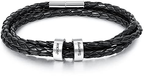 ALBERTBAND Herren Armband Schwarz Personalisierte Geburtssteine Armbänder Silber Leder Armband Damen mit Gravur 1-5 Namen Freundschaft Familie Geschenke Silber Charm Armband (2 names-21.5cm)
