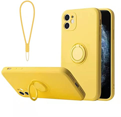 Sitthyw iPhone 12 Case with 360° Ring Stand & Silicone Strap Protective Case Soft Microfibre Indoor Case Shockproof Ring Cover Stand Magnetic for iPhone 12, Yellow