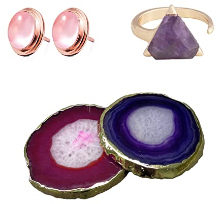 Soulnioi 2 Stück Achat Untersetzer lila und rot einzigartige Stein Amethyst Untersetzer für Getränke, rosa Ross Quarz Kristall runde Ohrringe mit Goldrand, dreieckiger Amethyst offener Ring