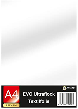 Evo Ultraflock Textilfolie für Plotter 33 Farben Flockfolie im Din A4 Format 30x20cm Plotterfolie für Stoff Kleidung T-Shirt Flock Folie Zubehör (1 Bogen, 001 Weiß)