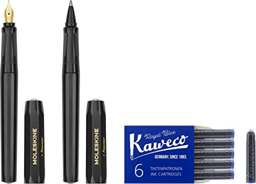 Moleskine x Kaweco Füllfederhalter aus ABS-Kunststoff mit Vergoldeter Feder der Größe M und Kugelschreiber, Nachfüllmine 1,0mm mit Blauer Tinte und 6 Blaue Tintenpatronen Inklusive, Farbe Schwarz