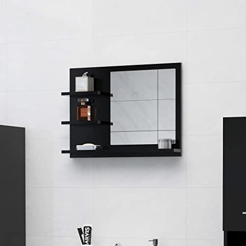 homiuse Miroir De Salle De Bain Noir 60x10,5x45 CM Aggloméré Miroir Mural Miroir Maquillage Miroir Bois avec 3 Étagères Ouverte Meuble Miroir Durable Beau Supplément Toilette Salon Ou Chambre