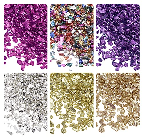 sourcing map 6 Couleurs Paillettes Verre Métallique Pilé Concassé, 1-4mm Irregulier pour Artisanat Bricolage Vase Remplissage Epoxy Résine 28g Doré Violet Couleur Série